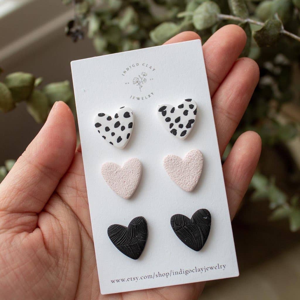 Patterned Heart Studs - 3 pack