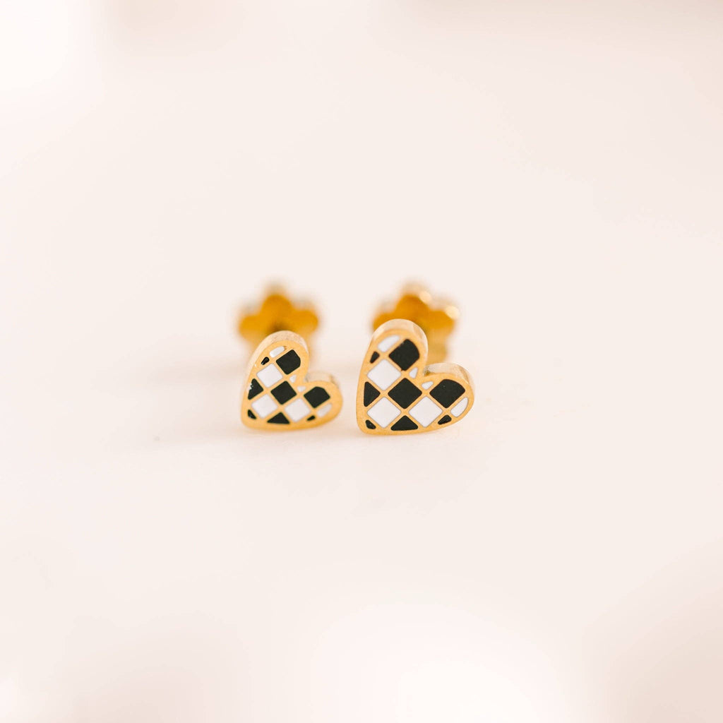 Tiny Checkered Heart Earrings